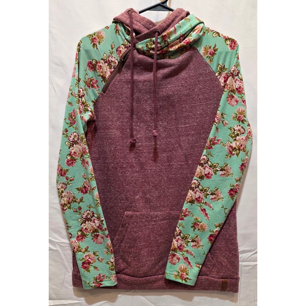 Ampersand Avenue Womens Floral Raglan Double Hood Hoodie Burgundy Mint Medium